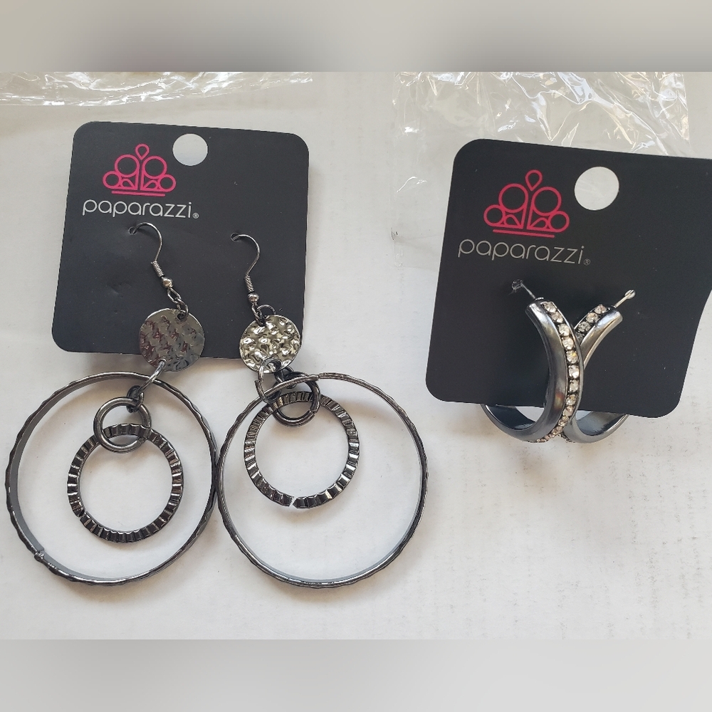 Two Pair Of Paparazzi Earrings -Gunmetal Textured & Rhinestone Hoop Earring Set
